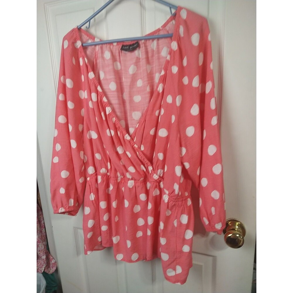 Lane Bryant 22 Pink White Polkadot Babydoll Top Wrap Front 3/4 Puff Sleeve - Picture 2 of 7